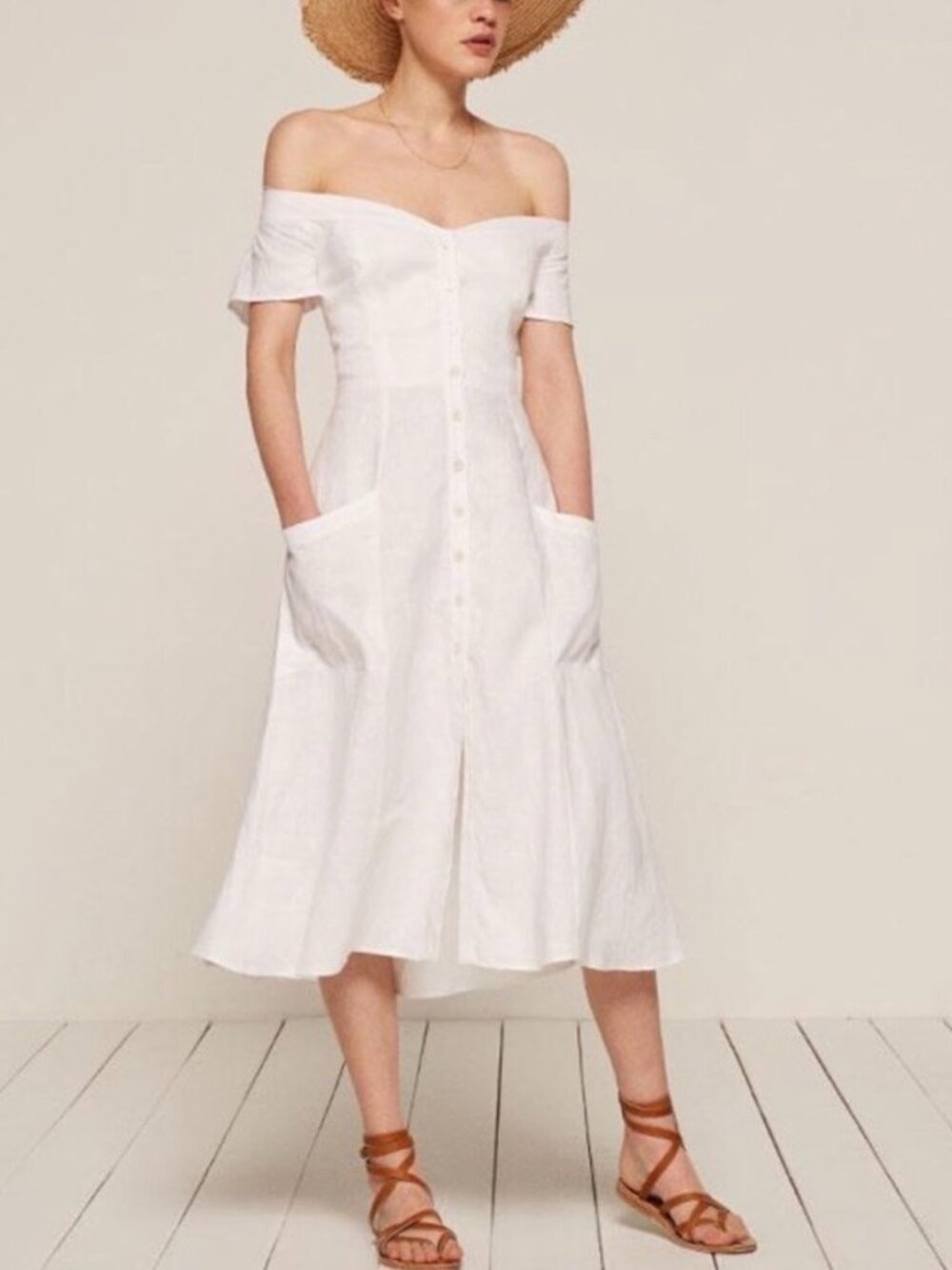 Reformation Mariposa White Linen Off Shoulder Midi Dress US 4